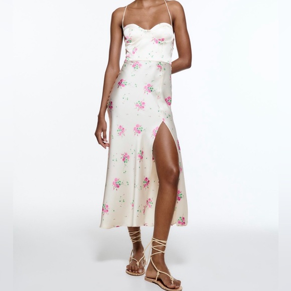 ZARA SATIN MIDI DRESS FLORAL PRINT STRAPPY WHITE ,Size S - Picture 3 of 5